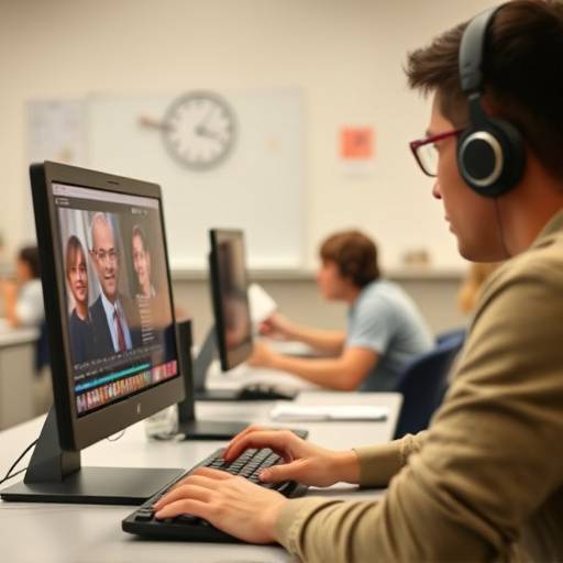 Un étudiant effectue du montage vidéo sur un ordinateur pendant un cours