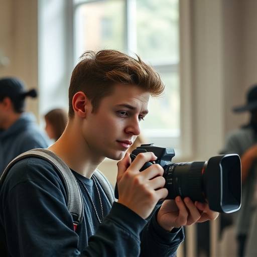 Un étudiant manipule une caméra pendant un cours de réalisation