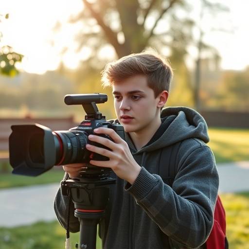 Étudiant filmant une scène en extérieur